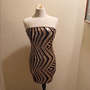 Fashion Nova Black and Gold Sequin Strapless Bodycon Dress